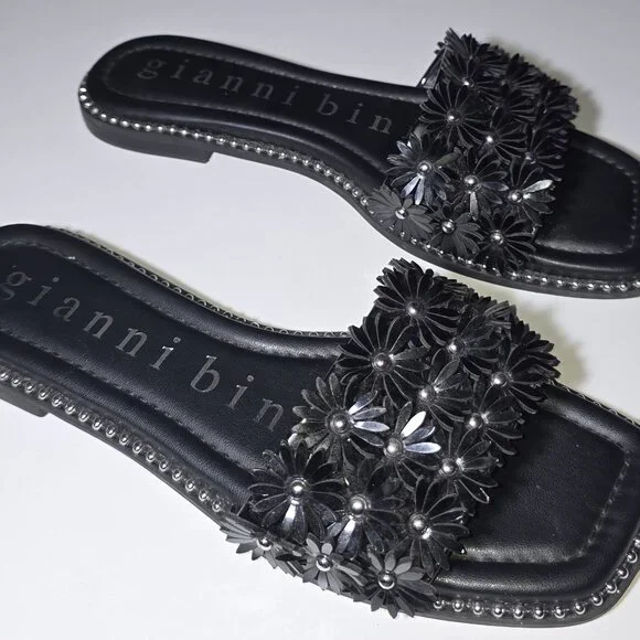 Gianni Bini Women Size 8M Black Floral Applique Studded Slide Sandals - Picture 4 of 7